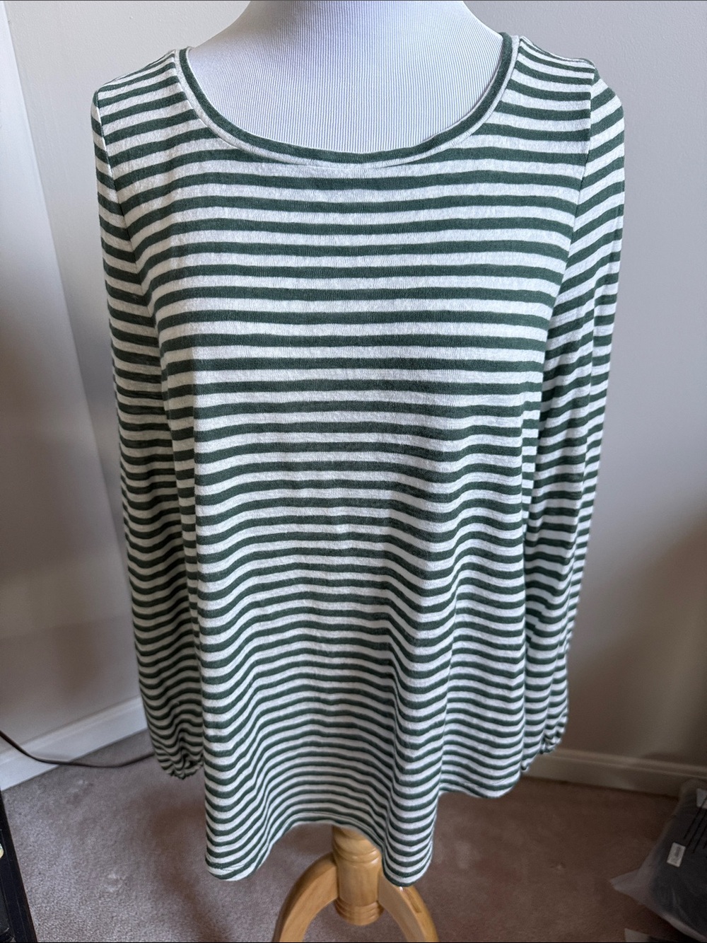 LOFT Green and White Striped Long Sleeve top